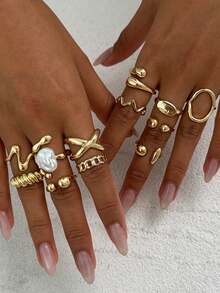 Set Of 11 Vintage Geometric Punk Style Rings For Women, Fashion Jewelry For Everyday Wear And Parties (Non-Adjustable, Do Not Bend, Sizes Marked) - 多拉多4號 - 查看 1