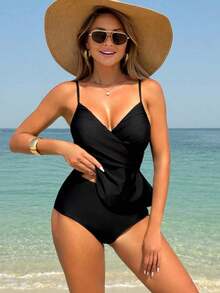 SYCAMORETREETECHNOLOGYMX Swim Lushoire Set de 2 piezas de tankini de traje de baño con top tipo camiseta cruzado y volantes en el bajo, y Bottom tipo - Verde Oscuro - Ver 4