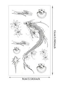 1pc Black And White Line Drawing Fishbone, Beyond Flower Shell And Conch Combined Pattern Temporary Tattoo Sticker, With Realistic Tattoo Design. Suitable For Travel, Music Festivals, Games, Graduation Gifts. Lasts For 3-5 Days. - Black - View 2