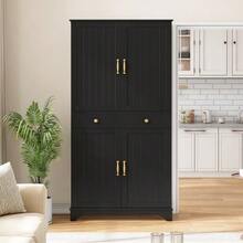 Tall Cabinet With Adjustable Shelves And Drawers, Bookcase With Sliding Shelves And Refrigerator Doors, Ideal For The Dining Room, Living Room And Kitchen (White) - Black - View 3