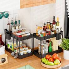 Estante de almacenamiento deslizante de doble capa bajo el fregadero con ganchos y portavasos, organizador de gabinete extraíble para cocina y tocador de baño, estante de especias deslizante multifunción, organizador de suministros de limpieza, estante de almacenamiento para fregadero de cocina - Negro - Ver 2