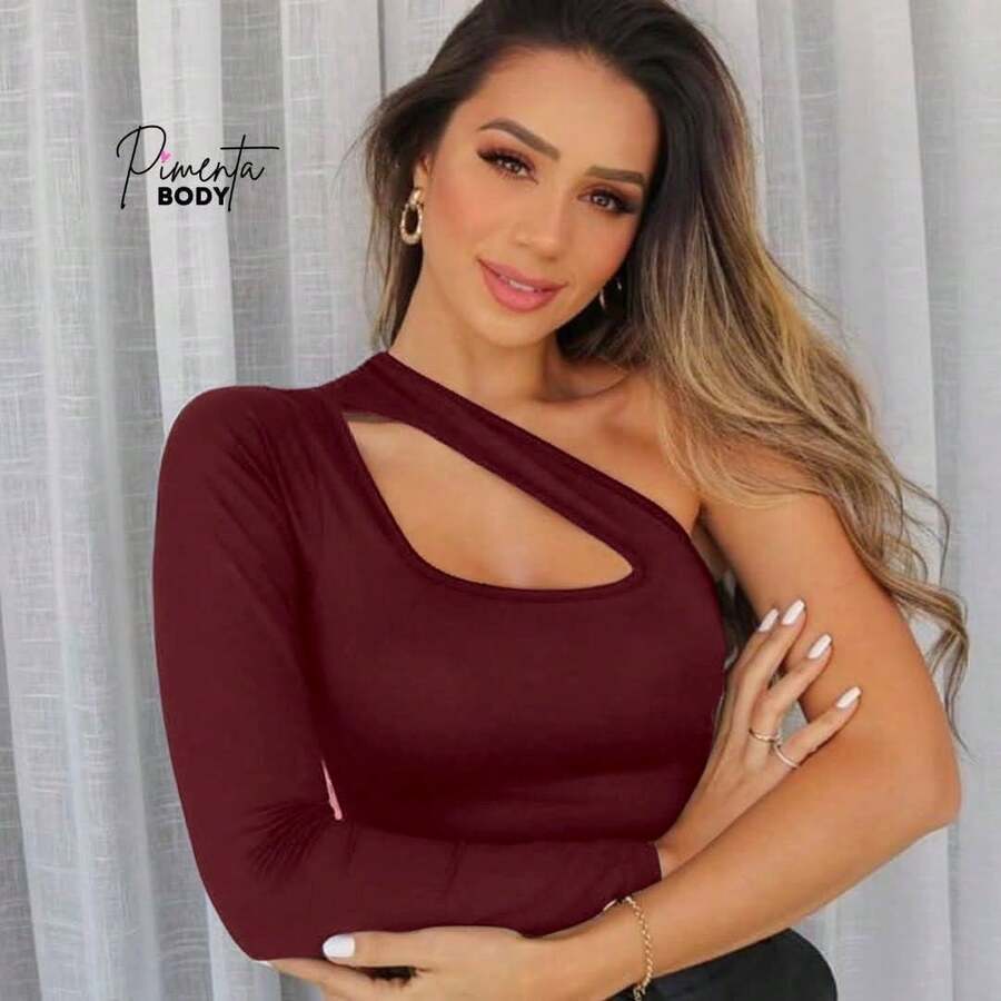 Angelina Women's Bodysuit With Choker Neckline, Puff Sleeves, Tailored In Premium Supplex Fabric - 紅木色 - 查看 1