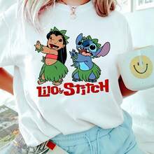 Disney Licensed Lilo & Stitch Hula Dance Bold Letter Print Tee, Tropical Vacation Crew Neck Casual Tops - White - View 1