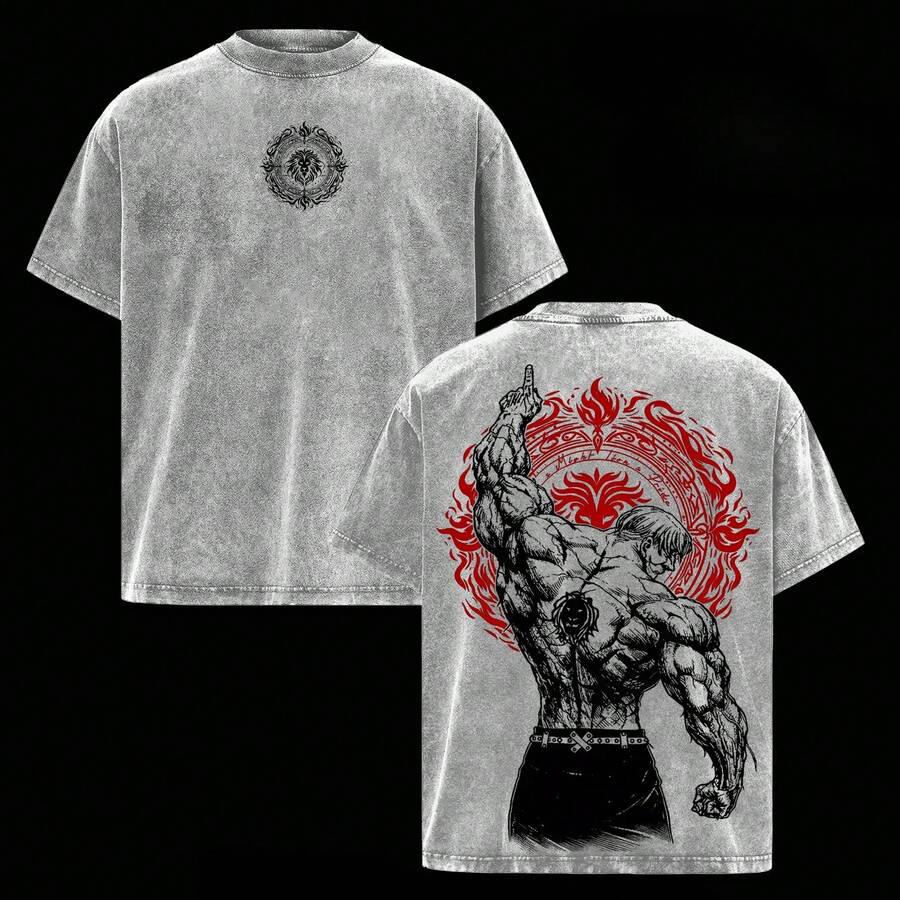 Vintage Washed T-Shirt, Thick Cotton With Double Graphic Illustrative Print, Unisex Cut, Variety Of Sizes, Casual Garment, Urban Fashion, Manga Style - 灰色 - 查看 1