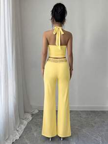 abyoxi Damen Gelbes Spitzen-Patchwork-Halterneck-Crop-Top mit Bindung hinten und Spitzen-Taillen-Hose mit hoher Taille und ausgestelltem Bein, 2-teiliges Set, jung, sexy, süß, lässig, für Urlaub, Alltag, Ausgehen, Zuhause, Date, Sommer-Outfit mit kurzem Top und langer Hose - Gelb - Übersicht 7