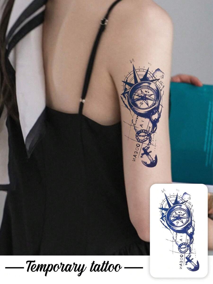 1pc Blue-Toned Hand-Drawn Nautical Style Compass Anchor Map Combination Pattern Tattoo Sticker, Temporary Tattoo Sticker, Realistic Tattoo Design, Suitable For Travel, Music Festivals, Games, Graduation Gifts, For 3-5 Days - Multicolor - View 1