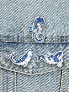 3pcs Glitter Ocean Whale Seahorse Enamel Pin Set, Starry Sea Animal Brooch, Unique Jewelry Gift Idea, Perfect For Collectors & Fans - Blue - View 4