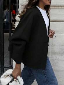 Women's Casual Minimalist Fashion Black Regular Fit Batwing Sleeve Overcoat, Suitable For Autumn/Winter - Black - View 5