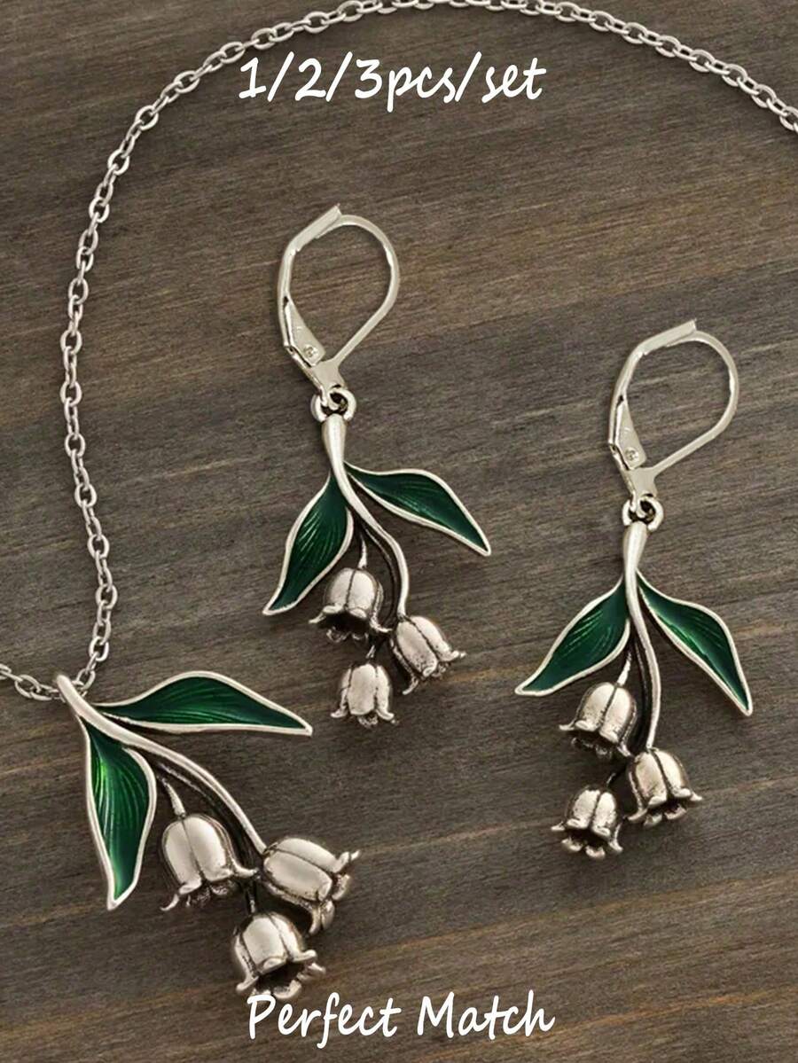 1/2/3 件套百合花金属吊坠项链和耳环,复古优雅,适合女性日常佩戴 - 彩色 - 查看 1
