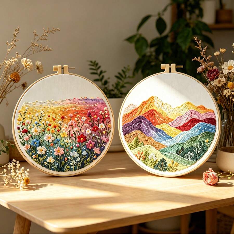Ins Style Forest Gradient Color Distant Mountains + Flower Field Handmade Embroidery Material Kit, Zero-Base DIY Home Decor Wall Hanging