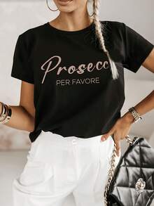Camiseta casual de leche con estampado de elementos de texto Prosecco, ropa de mujer de primavera y verano con diseño visual polaco - Negro - Ver 2