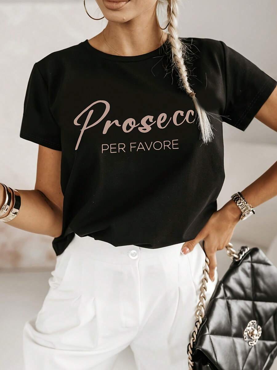 Camiseta casual de leche con estampado de elementos de texto Prosecco, ropa de mujer de primavera y verano con diseño visual polaco