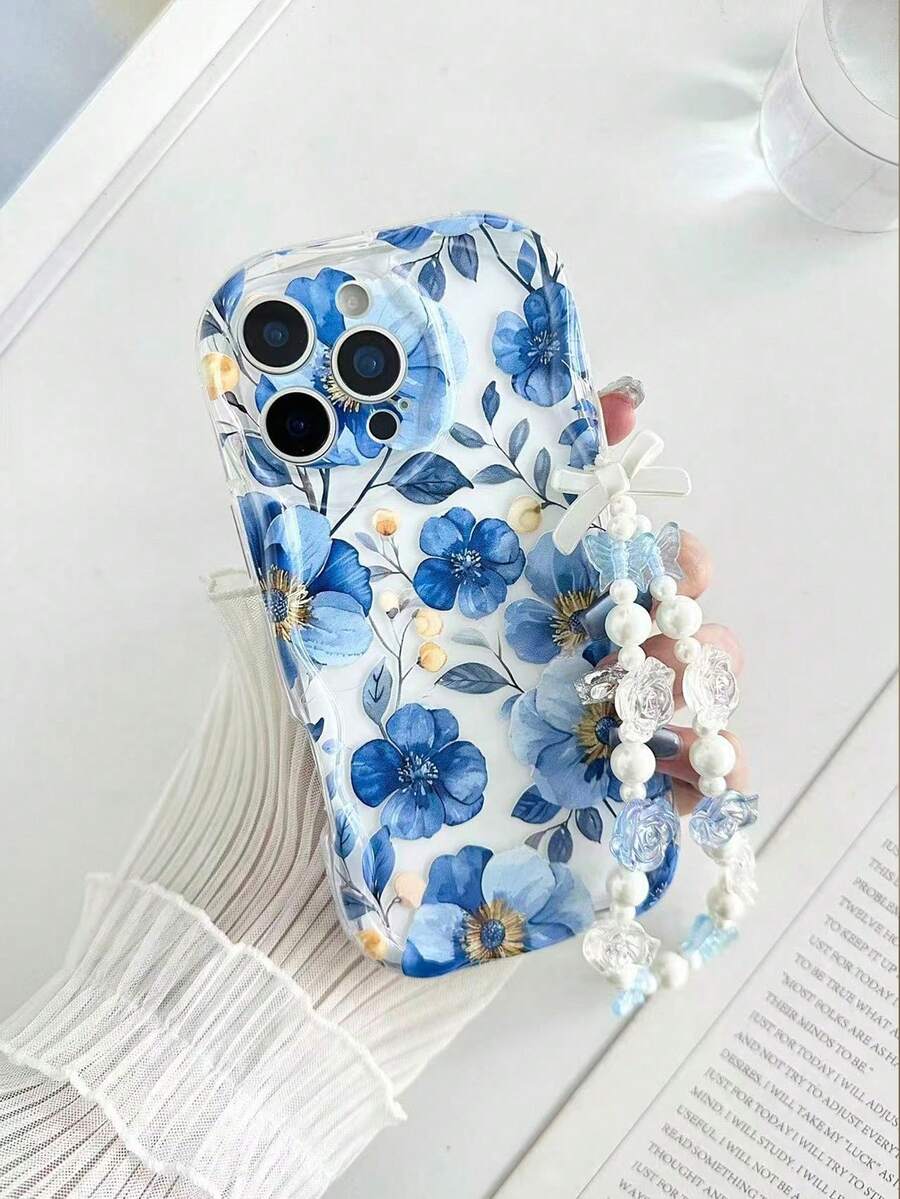 1 Piece Of Fashionable Phone Case. Does Not Include Lanyard Or Stand. Blue Floral Novelty Cream Flower Textured Wavy Floral Painted Edge Anti-Drop Phone Case With Bracelet Accessory, Compatible With IPhone 17 Pro/17 Air/17/17 Pro Max/16/11/16 Pro/16 Plus/16 Pro Max/16e/15 Pro Max/13/14/12/XS/XR/7G/8P, Galaxy S25/S25 Plus/S25 Ultra/A16/A36/A26/A56/A50/A12/A32/A52/A72/A51/A21S/A13/A14/S24/S24 Plus/S24 Ultra, S22/A52/A53/A54/A55/S23, 11/12 Pro/12/12X/13 Pro/14 Pro/15 Pro, 10/9/Note 9/12c/Note 11 Pro/Note 8 Pro Spring - 多色 9 - 查看 1