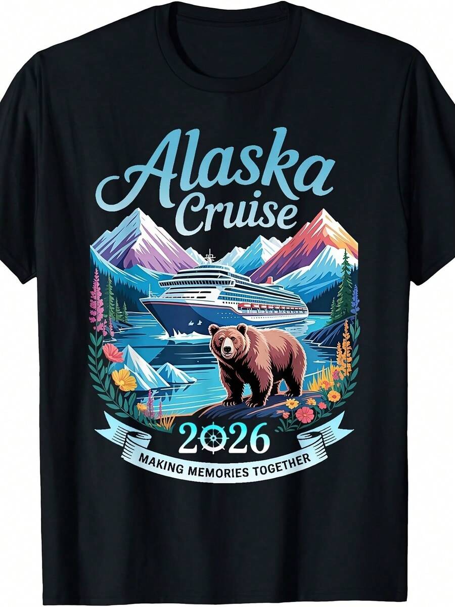 Camiseta de la experiencia de crucero en Alaska - Con un llamativo texto 'Crucero en Alaska', una colorida ilustración de un barco de crucero, pintorescas montañas nevadas y un oso pardo, 20 - Negro - Ver 1