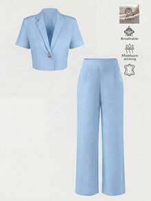 de 2 piezas de lino de unicolor, elegante, casual, sexy, para oficina, uso diario, citas, vacaciones de verano, diseño ligero y transpirable, conjunto de verano para mujer, atuendos de - Azul - Ver 6