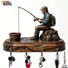 1pc 2D Wood Carved Key Holder, Single Pack. Fishing Lady Key Holder - Wooden Multifunctional Decorative Key Rack With 4 Metal Hooks, Suitable For Wall Decor, Room Decor, Seasonal Home Decor (11.8 X 9 Inches), Perfect For Halloween And Christmas Decorations. - Multicolor - View 1