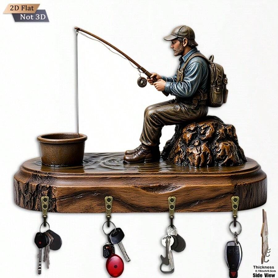 1pc 2D Wood Carved Key Holder, Single Pack. Fishing Lady Key Holder - Wooden Multifunctional Decorative Key Rack With 4 Metal Hooks, Suitable For Wall Decor, Room Decor, Seasonal Home Decor (11.8 X 9 Inches), Perfect For Halloween And Christmas Decorations. - Multicolor - View 1