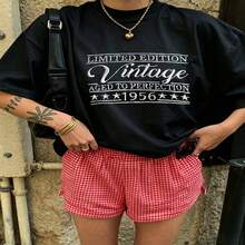 Heartfelt Vintage Graphic T-Shirt 100% Cotton Oversized Soft Breathable Casual Crewneck Short Sleeve Top Daily Casual Retro Vibe Aesthetic Daily Red Gingham Shorts For Casual Wearers Fashion Lovers Daily Outfit Enthusiasts Gift Givers - 黑色 - 查看 18