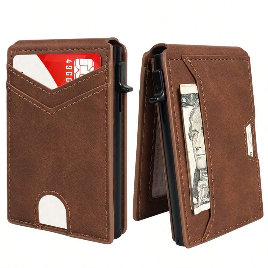 Father's Day Gift | Lucky Aluminum Pop-Up Card Holder, RFID Blocking, 9-13 Cards & ID Window - Brown - View 1