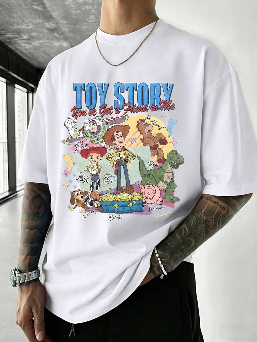 Disney Toy Story Unisex Casual Tee, Full Character Collage & Hand Signature Print, Versatile Top For Daily Leisure And Dating - 白色 - 查看 1