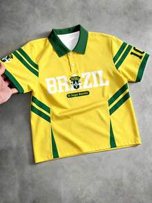 Unisex Boxy Cropped Polo, Classic Brazil Football Style With Green-Yellow Color Blocking, Ideal For Euro Cup & World Cup, Daily Street Essential - Yellow - View 1