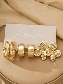 6/18PCS Fashionable Elegant Floral Geometric Multi- Gold Metallic Earring Set, Women's Fashion Earring Set, Daily Wear, (Lightweight CCB Material, Non-Fading) - Gold - View 4