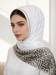 1pc Women's Knitted Leopard Print Ombre Long Hijab Headscarf With Rhinestone Decor, Super Soft Fabric, Middle Eastern Style - Leopard Print Rhinestone Long Scarf In Multiple Colors - View 3