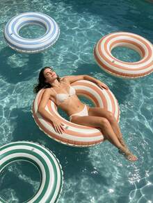 1 pieza Flotador inflable con estampado a rayas azul/verde/naranja para adultos, accesorio para fiesta en la piscina y playa, regalo perfecto de verano, colchoneta flotante para piscina para diversión y relajación en vacaciones de adultos, artículos esenciales de playa - Multicolor - Ver 2