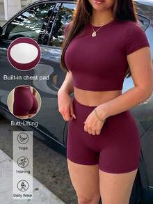 Women's Sports Two Pieces Summer Round Neck Short Sleeve T-Shirt Top And High Waisted Hip Shorts Suit For Yoga Gym Running Workout - Purple - View 1