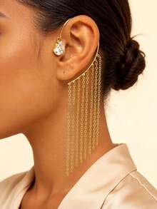 outingfit 1pc Ins Viral Tassel Ear Hook Earrings, High-End Rhinestone Ear Cuff For Non-Pierced Ears, Fairy Style Accessory Earrings - Gold - View 2