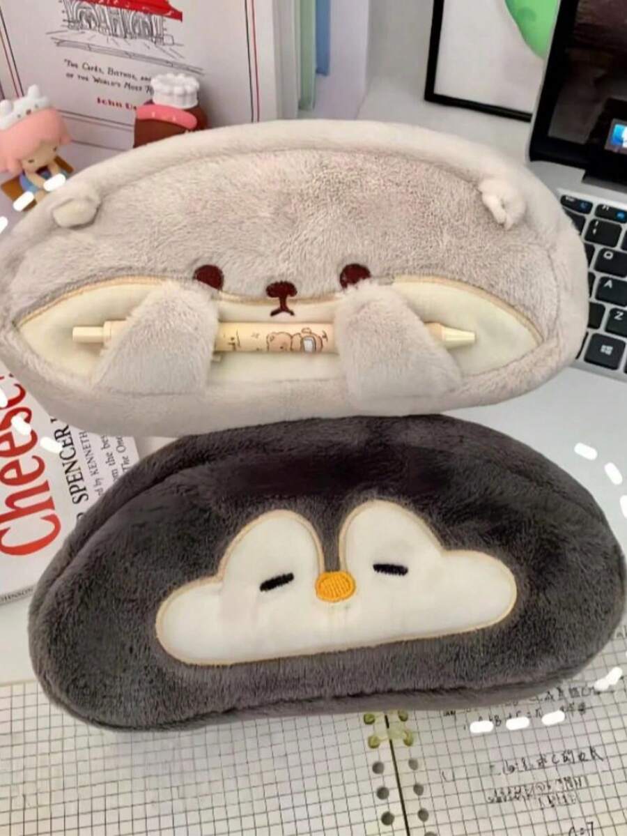 1個可愛企鵝&水獺絨毛筆袋,極簡大容量筆袋,適合中學生與高中生 - 彩色 - 查看 1