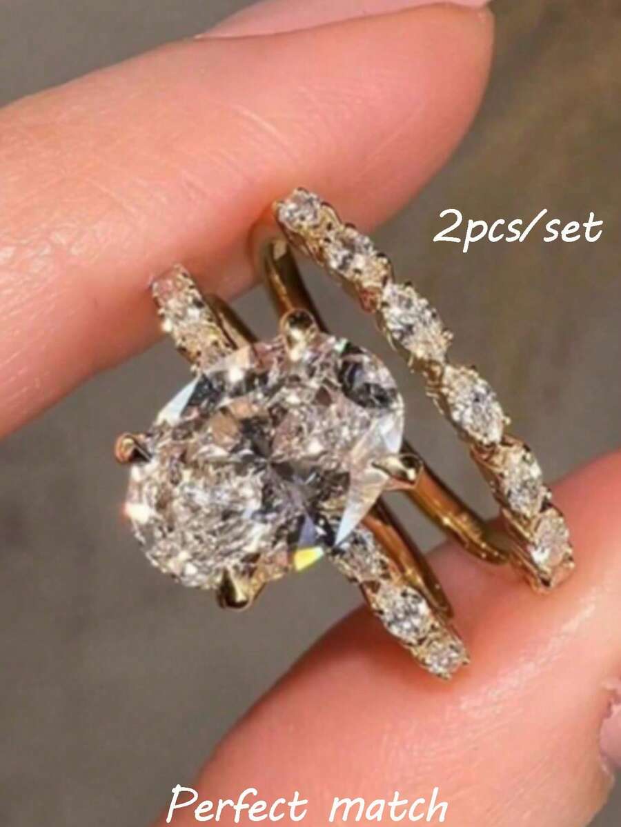 rundraw 2pcs Classic Marquise Cut Oval Elegant Copper Gold Color Ring Set, Engagement Wedding Marriage Season