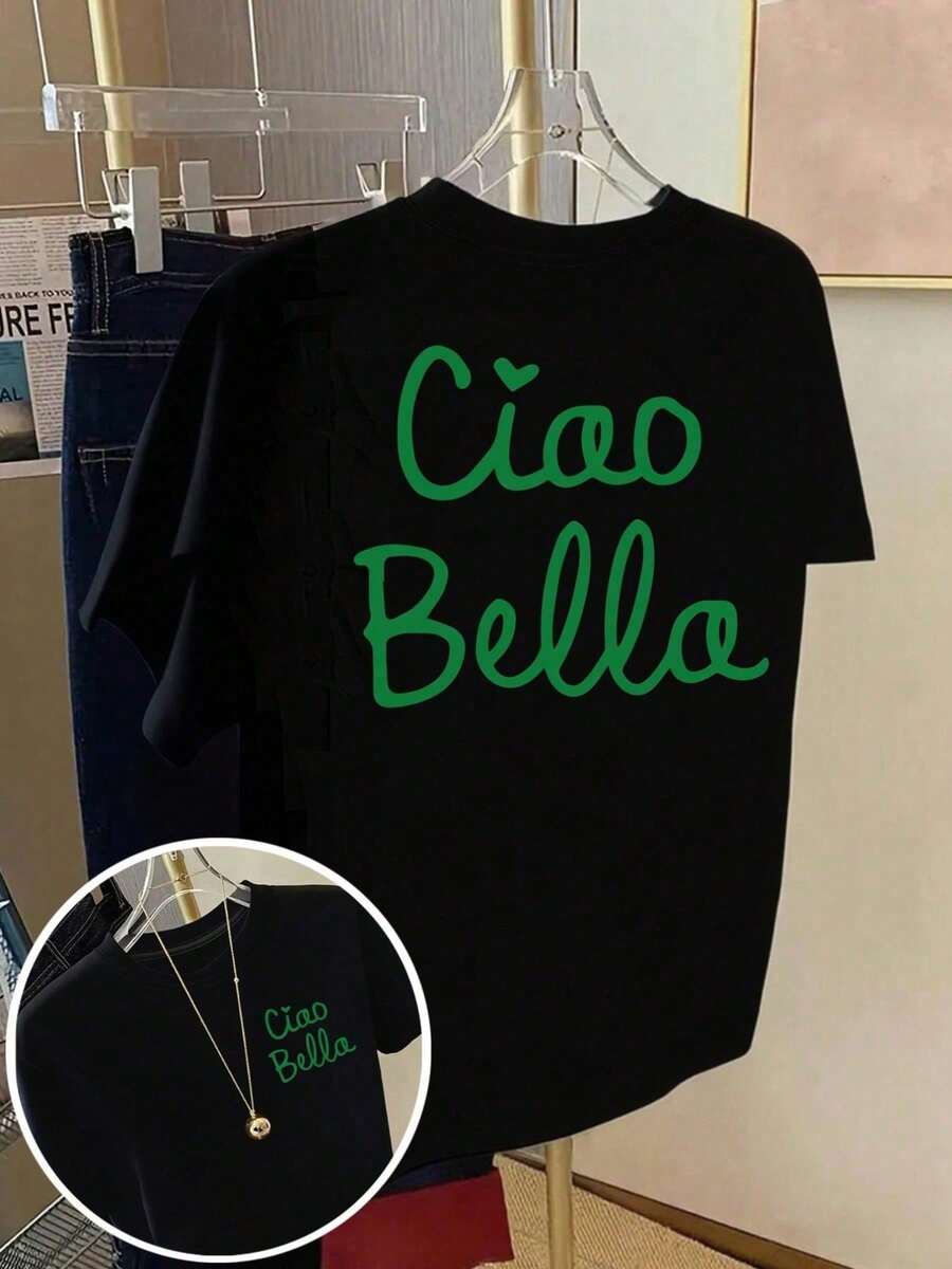 VintageThe Latest Model 2026, Short Sleeve T-Shirt With Front And Back Print - Ciao Bella, Italian Fashion Print - Women's Spring/Summer Print T-Shirt, Item - Black - View 1