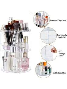 Organizador de cosméticos giratorio 360° DIY ajustable, soporte giratorio para maquillaje, caja de almacenamiento de cosméticos de gran capacidad, soporte para brochas de maquillaje, adecuado para mesa de tocador (transparente) - Multicolor - Ver 8