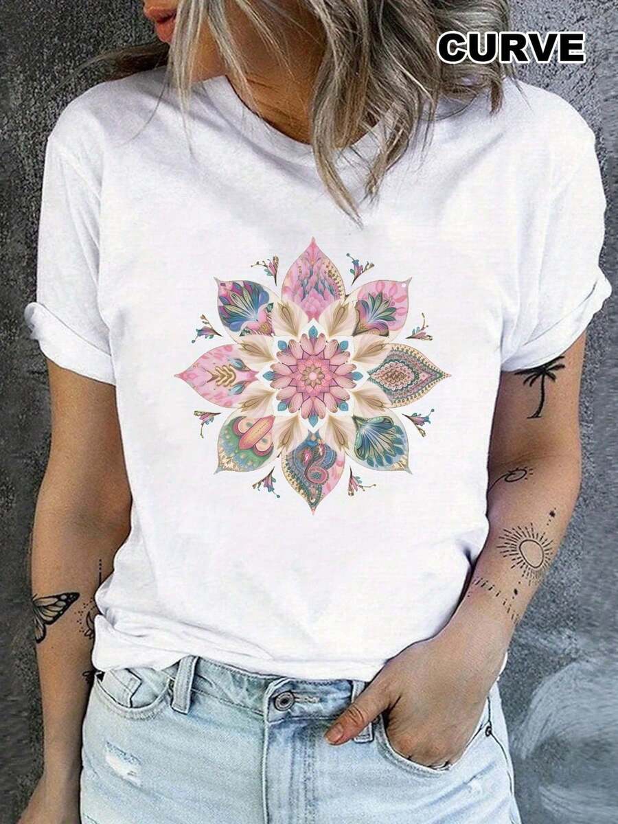 Camiseta de Mujer 180g con Diseño Floral Mandala, Cuello Redondo, Algodón, Manga Corta, Color Blanco Puro, Estilo Casual y Elegante para Uso Diario, Moda Primavera Verano, Blusa Ligera y Cóm - Blanco - Ver 1