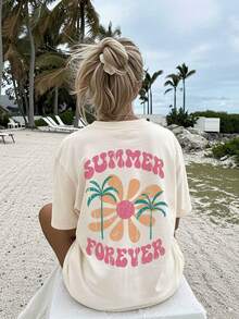 [Double-Sided Print] Women's Summer Casual T-Shirt, Vintage Style, Floral And Coconut Print, Short Sleeve Crew Neck T-Shirt, 100% Cotton - 杏色 - 查看 4
