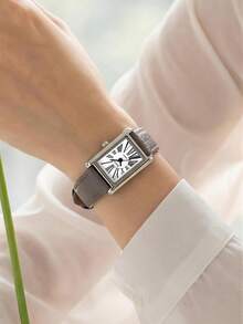 1pc Women's French Vintage Roman Numeral Square Quartz Wristwatch, Suitable For Daily Commute, Holiday Gift Wear - Grey - View 6