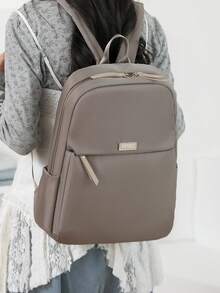 Women's Nylon Solid Color Quilted Large Capacity Versatile Backpack, Simple Casual Student Backpack, Storage Travel Bag, Commuter Bag - Khaki - View 3