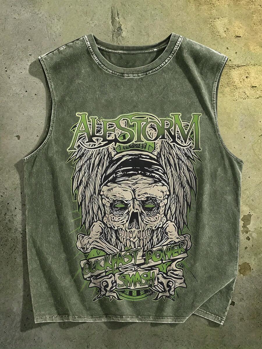 Men's Summer Outfit Streetwear Pullover Simple Sleeveless Tank Top In Washed Cotton, Vintage Heavy Metal Graphic With Green Winged Skull And Bone Details, Casual Summer Tank Top - Green - View 1