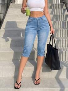 Jkorea High Waisted Capri Jeans - Light Wash Slim Fit Cropped Skinny Denim - 淺色水洗藍2 - 查看 3