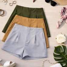 Set Of 3 Women's Tailored High-Waisted Dress Shorts, Elegant, Casual, Summer Fashion, Work, Office - 灰色/焦糖色/軍綠色 - 查看 2