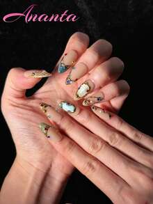 10pcs Almond Shaped Artificial Nails, Handmade Press-On Nails, Y2K Style, Premium Quality, Decorated With Multi-Color Rhinestones And Asymmetrical Metallic Lines, Thick Textured, Suitable For Parties, Weddings, Daily Wear, Includes Tool Kit, Ideal For Girls And Women - Multicolor - View 3