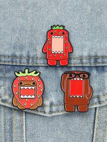 3pcs Fun Cute Strawberry Monster Enamel Brooches, Cartoon Strawberry Hat & Black Frame Glasses Design Badges, Fashion Clothing & Backpack Accessories, Best Gift For Cartoon Lovers - Multicolor - View 5
