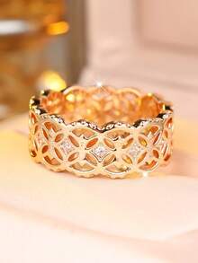 1 Elegant And Stylish Women's Ring Featuring A Wide Band With An Openwork Design-Perfect As A Unique Piece Of Jewelry For Her Or As A Gift For A Woman - Yellow Gold - View 4