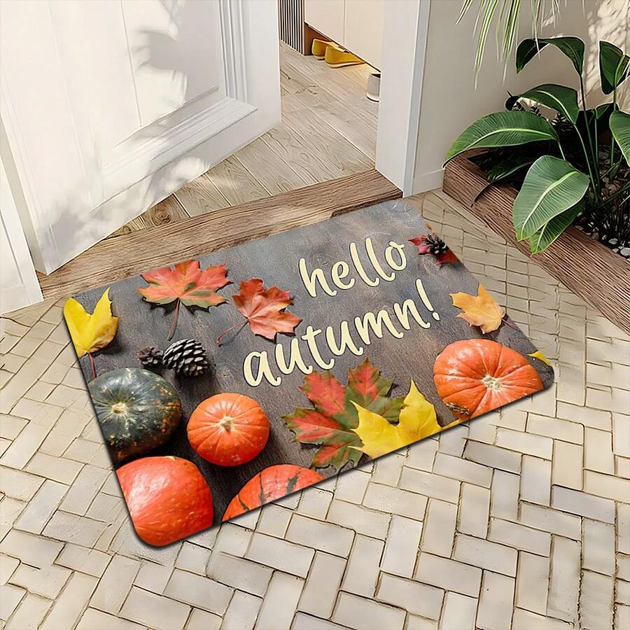 1 pieza/2PCS/3PCS Alfombras de piso de otoño, impresas con hojas de arce, calabazas y letras "Hola Otoño". Antideslizantes, absorbentes de agua y lavables a máquina. Decoración de estilo rústico para cocina, sala de estar, pasillo, baño y entradas - Multicolor - Ver 1
