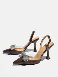 Sandalias de tacón bajo para mujer de verano, sandalias de tacón alto con lazo de strass marrón, sandalias de tacón alto con espalda abierta y tira trasera, zapatos elegantes para mujer adecuados para el uso diario, reuniones, banquetes, fiestas, vestidos de noche, tacones altos marrones - Marrón - Ver 6
