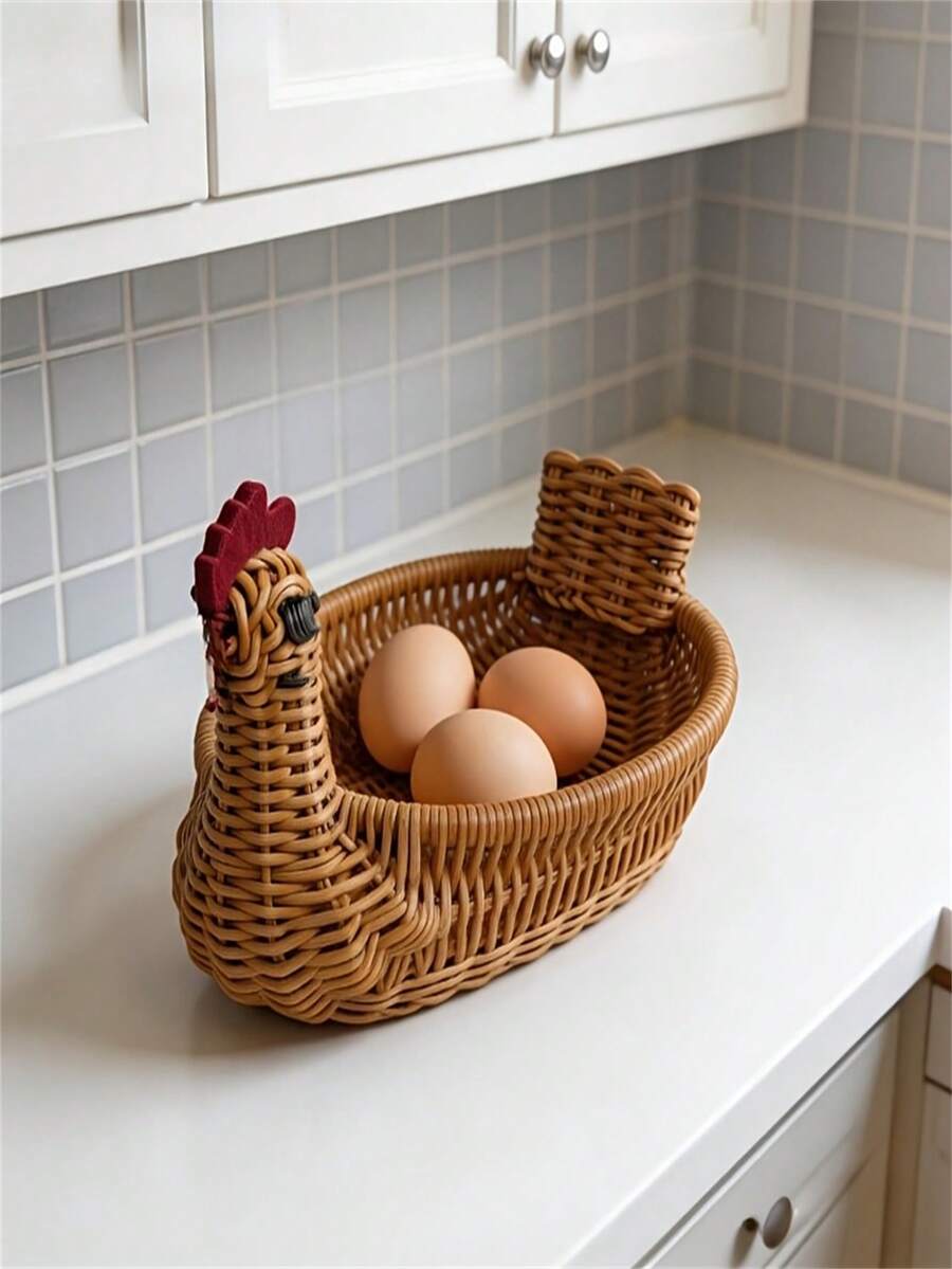 1pc Woven Chicken-Shaped Basket, Artificial Rattan Material, For Storage, Perfect For Storing Tableware (Not Suitable For Direct Food Contact), Shelf Storage Basket, Shelf Basket - Multicolor - View 1
