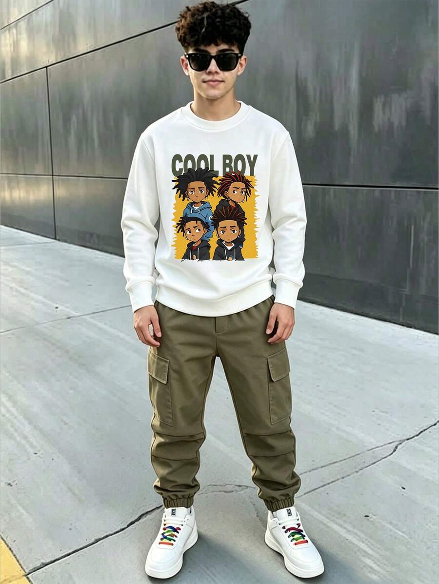 青少年男孩卡通图案印花圆领长袖上衣和纯色长裤 - 白色 - 查看 1