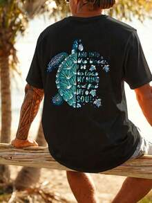 Plus Size Men's Beach Vacation Style Turtle Print T-Shirt, Regular Casual Ocean Theme Short Sleeve Top, Streetwear, Youthful, Minimalist, Campus, Retro, Versatile, Textured, Elegant, Personalized, Sports - Black - View 2