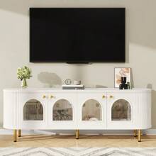 Low TV Unit With Glass Doors, Practical Storage Unit For The Living Room, Gold Handles And Legs - White - View 2